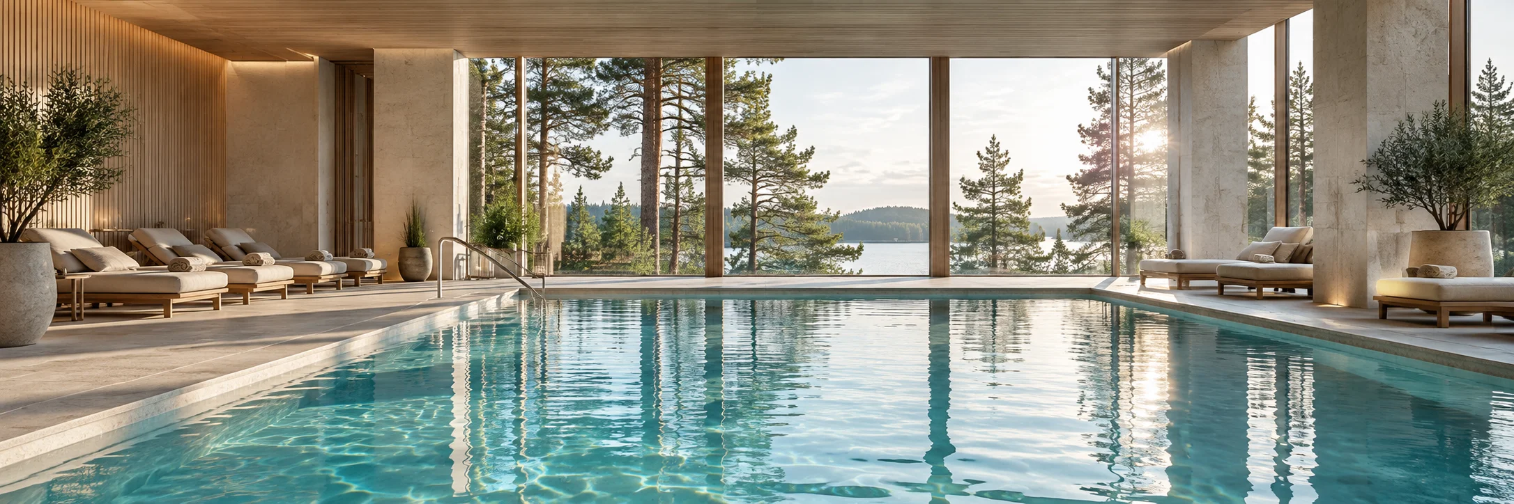 Ljus poolmiljö med utsikt mot skogen