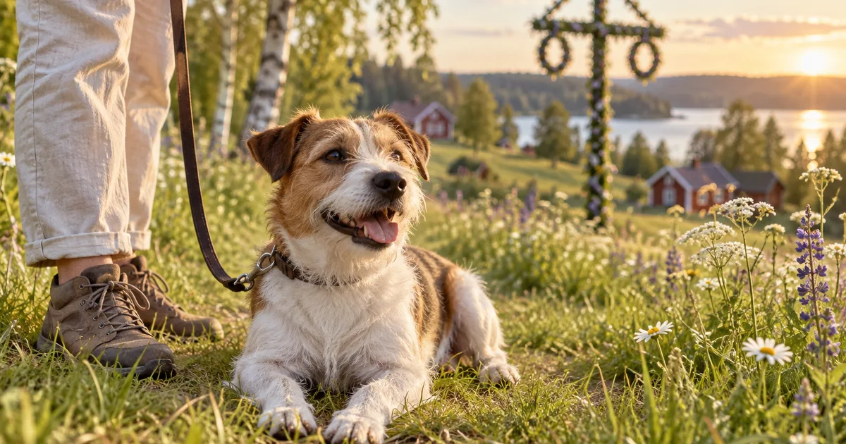 Hund vid en svensk sommaräng med midsommarstång i bakgrunden