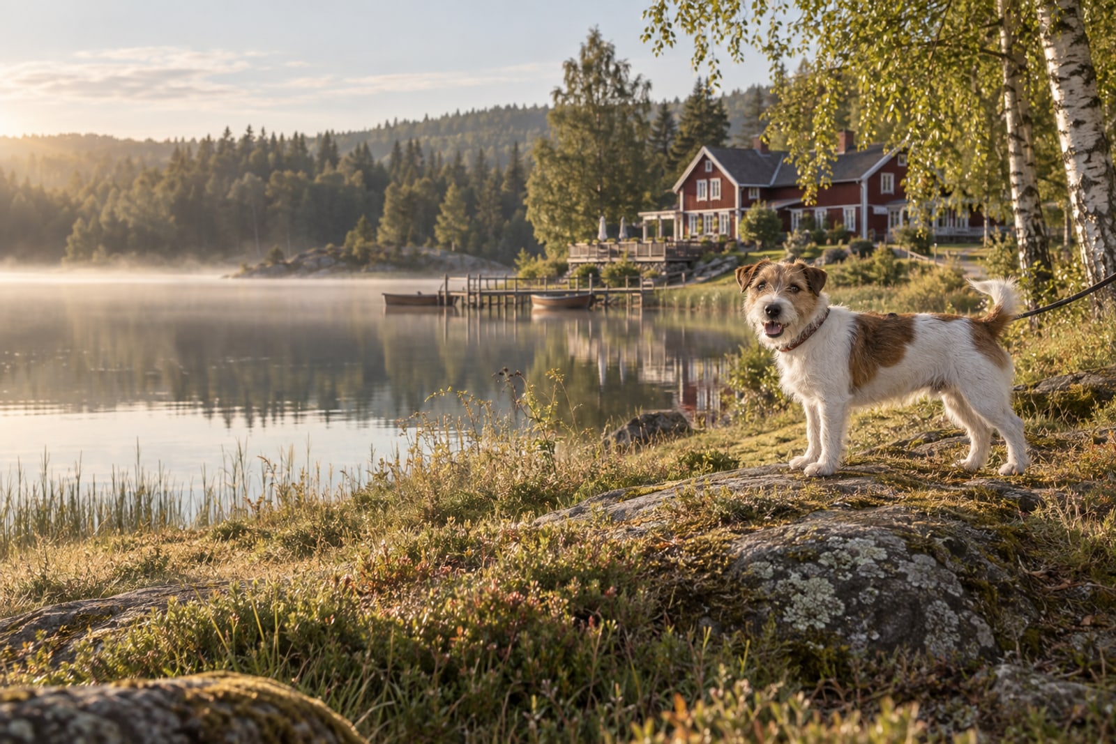 En hund vid en stilla sjö och ett rött svenskt pensionat